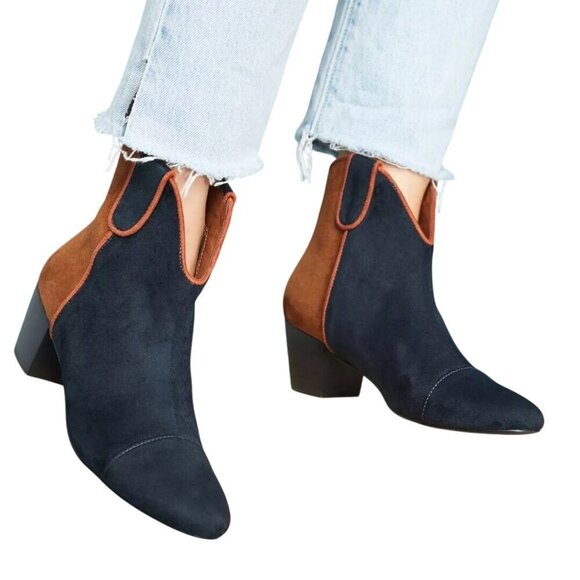 Vanessa Wu Anthropologie Colorblock Western Ankle Boots Navy Tan Size 39/9 - Picture 1 of 11